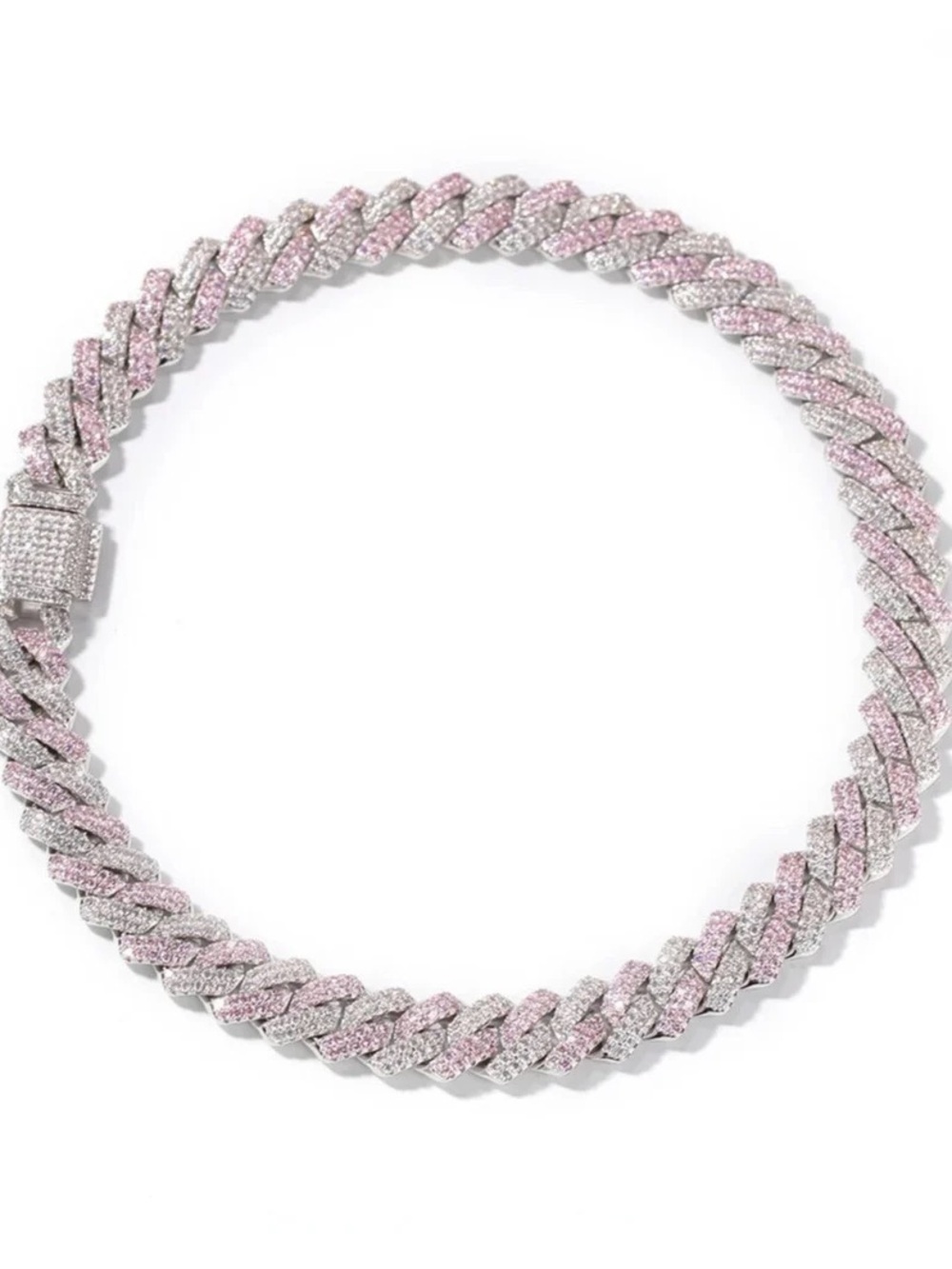 Pink and Silver Pave Cuban Link Necklace - Women Jewelry 16inch